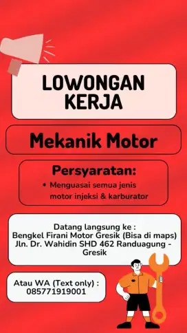 Cari mekanik motor n pegawai toko