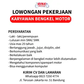 Loker Karyawan Toko Bengkel