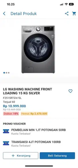 Mesin cuci front loading LG 15kg 100% kering