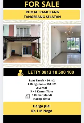 Dijual Rumah Pamulang Tangerang Selatan Rp  1 M Nego