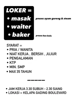 Loker restoran kelapa gading. Loker cook waiter baker KELAPA GADING