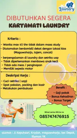 Dibutuhkan segera karyawati laundry