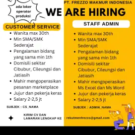 DIBUTUHKAN ADMIN, CS, PRODUKSI