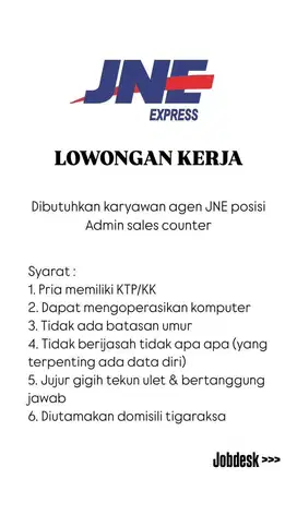 Lowongan kerja admin JNE