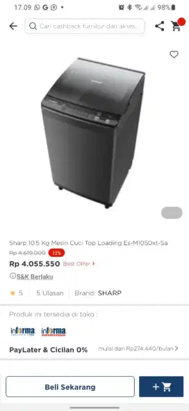 Sharp mesin cuci top loading 10.5kg