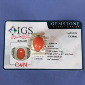 Cincin perak, batu natural coral_ batu marjan. Gem id card IGS