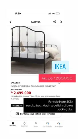 IKEA SAGSTUA rangka DIPAN BESI tempat tidur  Lönset, 160x200 cm