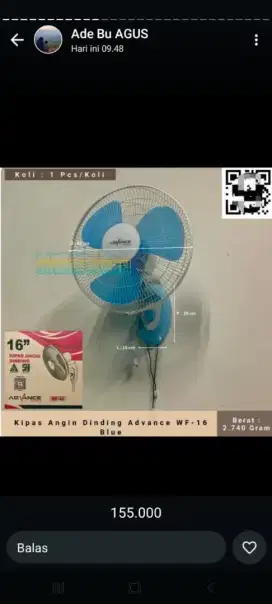 Kipas Angin Dinding Advance 16 inch wall fan