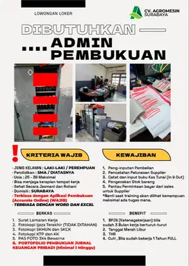 Dibuka Loker / Dicari / Dibutuhkan ADMIN PEMBUKUAN / ADMIN SALES