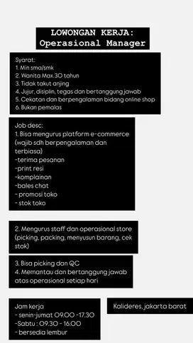 LOKER OPERASIONAL MANAGER OLSHOP