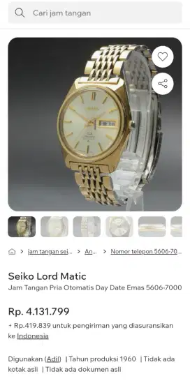 Jam tangan vintage Seiko LM Lord Matic 5606 Gold Plated Original