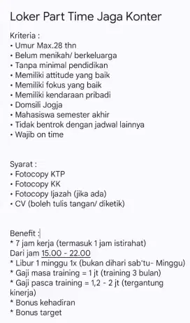 Lowongan Part Time Jaga Konter