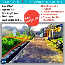 DI JUAL PEKARANGAN LUAS 567M² DI 21C YOSOMULYO METRO PUSAT