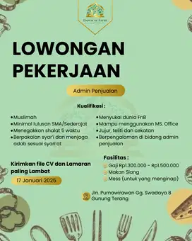 Lowongan kerja posisi Admin Penjualan di Katering DAF Lampung