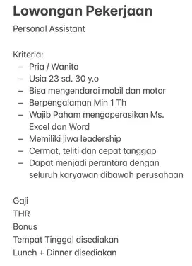 Lowongan Pekerjaan Personal Assistant