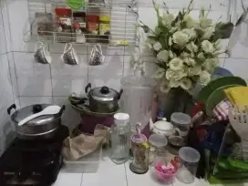 Peralatan dapur kompor, gas, alat lain2, tempat syirup/air putih kaca