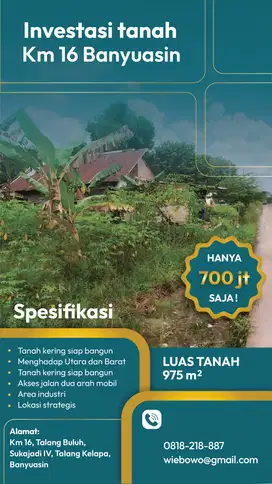 Dijual Tanah Banyuasin Palembang Km 16