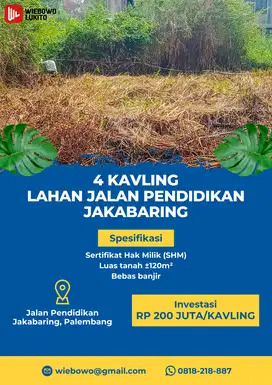 Dijual Tanah Jakabaring Palembang - 4 Kavling Tanah Jalan Pendidikan