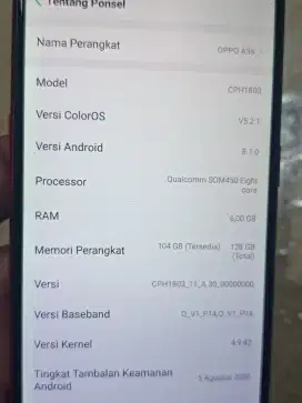 Oppo a3s RAM 6 internal 128 kelengkapan HP charger