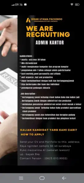 DIBUTUHKAN SEGERA  ADMIN KANTOR (qanita)