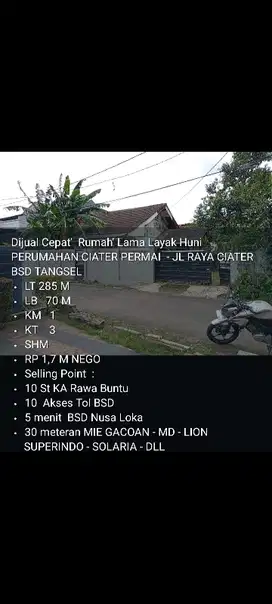 dijual rumah luas di komplek Ciater Permai dekat BSD