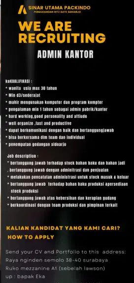 dibutuhkan segeraadmin kantor/ pabrik