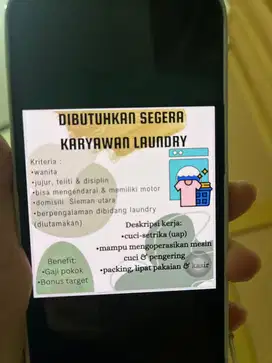 Di butuhkan karyawan laundry