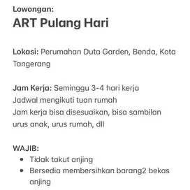 Dicari ART Harian (Pulang Pergi) Tidak Takut Anjing