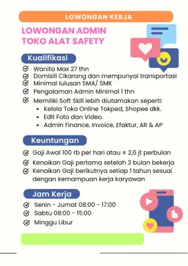 Lowongan Kerja Staf Admin Toko Alat Safety Cikarang