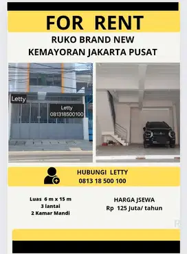 Ruko Baru  3 Lantai Kemayoran Jakarta Pusat Rp 125 Juta / tahun