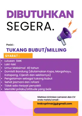 Dibutuhkan Operator Mesin Bubut Manual / Konvensional Berpengalaman