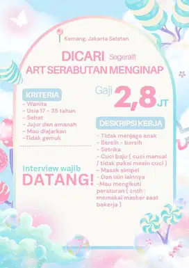 Dicari segera art serabutan menginap!