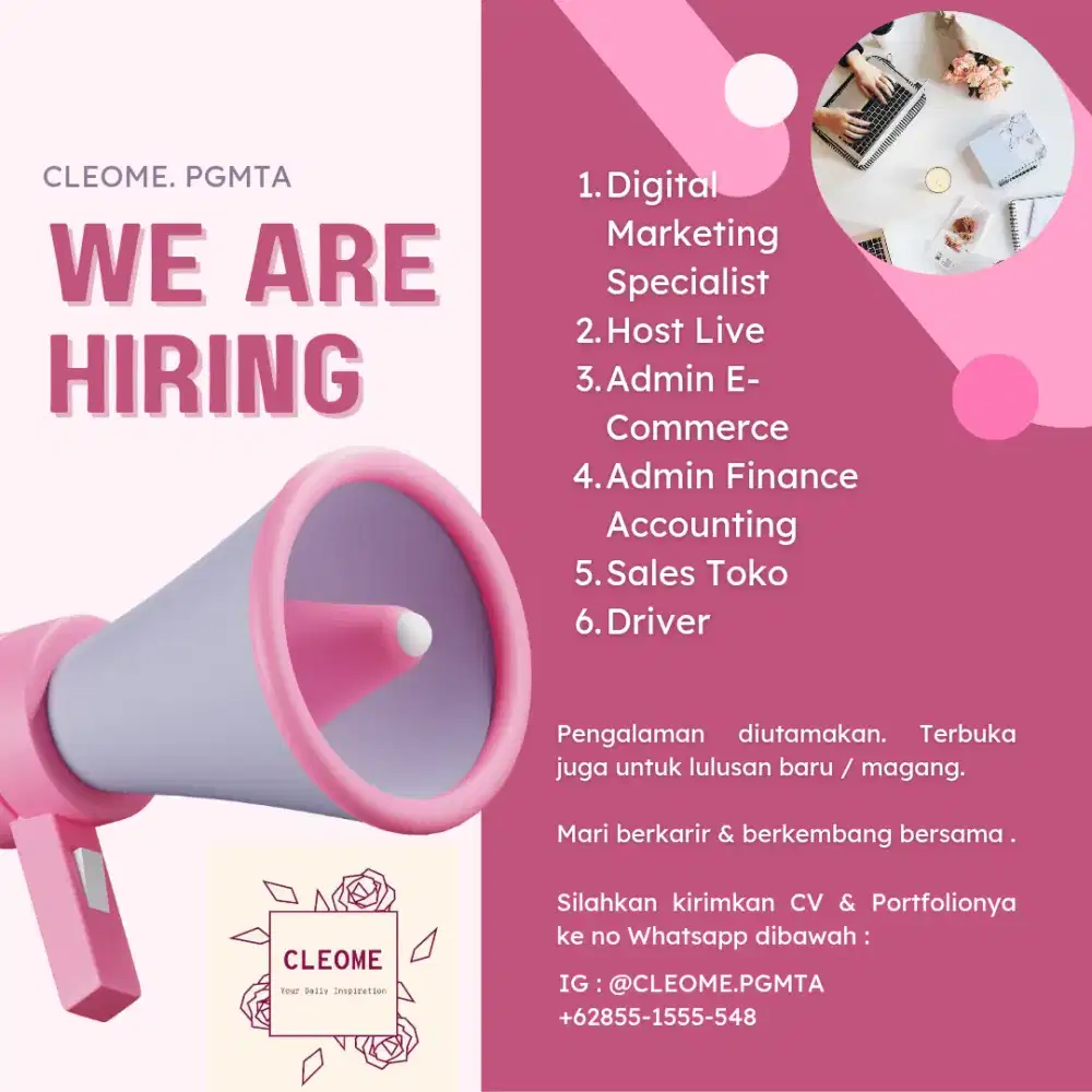 Loker Digital Marketing, Host, Admin E-Com, Admin Finance dan Supir