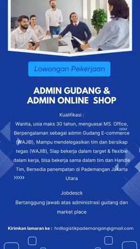 DIBUTUHKAN SEGERA ADMIN / ADMIN ONLINE SHOP