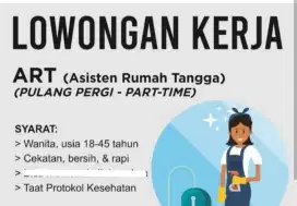 Dibutuhkan pembantu rumah tangga pulang pergi di jakpus