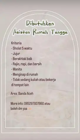 Dicari Asisten Rumah Tangga (ART)