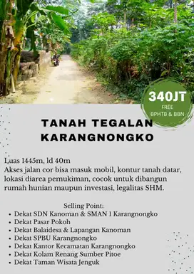 TANAH TEGALAN SHM KARANGNONGKO LUAS 1445M