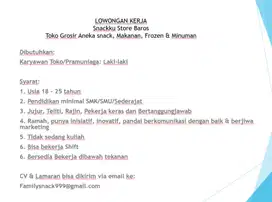 Lowongan kerja Karyawan Toko/Pramuniaga Laki - Laki