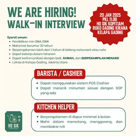 DIBUTUHKAN SEGERA WAITRESS & KITCHEN HELPER