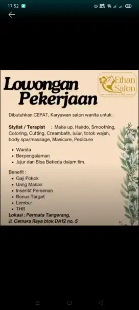 Dicari karyawan Salon