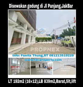 Disewakan gedung di Jl Panjang,JakBar LT 192m2 LB 839m2,tingkat 5lt,