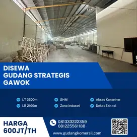 Disewakan Gudang Zona Industri Luas 2600m2 Lokasi Gawok,Sukoharjo