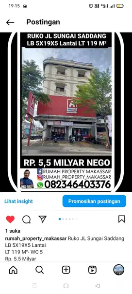 Ruko JL Sungai Saddang LB 5X19X5 Lantai  LT 119 M²- WC 5