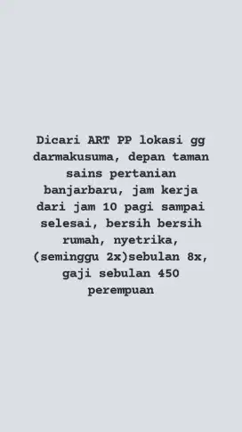 Dicari ART pulang pergi