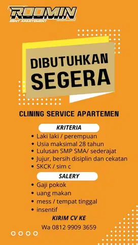 Di cari admin wa dan clining service