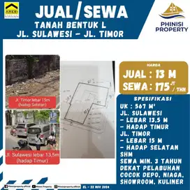 DIJUAL TANAH LUAS BENTUK L JALAN SULAWESI Tembus JALAN TIMOR