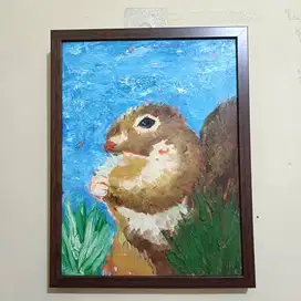 Lukisan Cat Minyak Tupai Lucu pada kanvas Ukuran 30 x 40 cm
