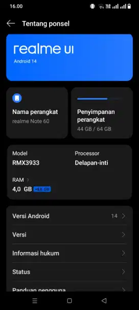 Di jual hp realme note60 ram 4+8.64 barang mulus gak ada minus ya gan