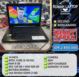 Asus A455L (sec). Core i3-5010U. RAM 4 GB. SSD 128 GB + HDD 500 GB VGA