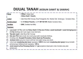 DI JUAL TANAH (SAWIT & SAWAH) DI JL. BESAR BAH GUNUNG DI SIMALUNGUN